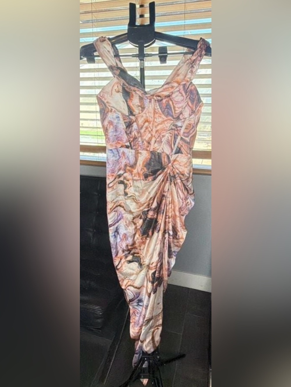 SHEIN Marble-Print One-Shoulder Ruched Midi Dress in Blush and Purple